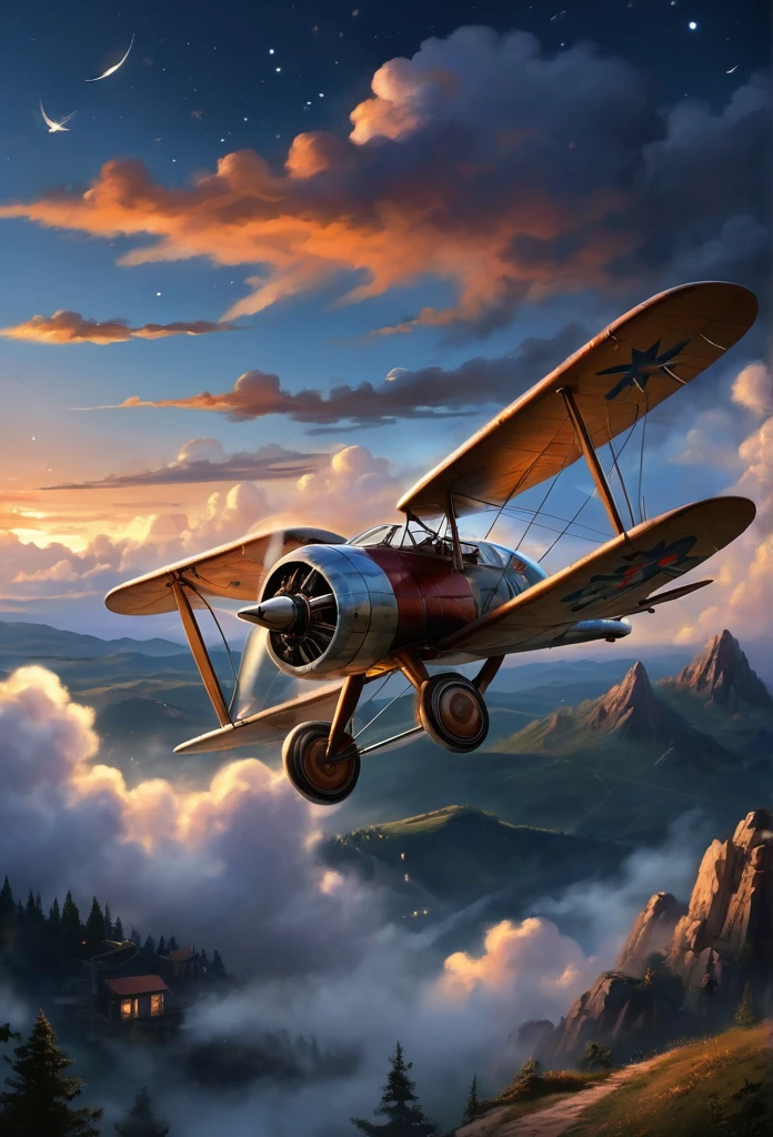 old plane,(aircraft,aircraft) Designs,Smart mechanics,Flying Machines,Driving skills,Mysterious clouds,expression of surprise, incredible views,Not available, in the sky,legend, aerodrome,stars, illuminating the night sky, joystick,Propeller sounds,Fly free,adventures,terraced,High Mountains,Brave Rabbit,Amazing sunset,Fly as much as you want,Through the clouds,Adventurous spirit,Shocking Scene,spreading its wings,Huge starry sky,A fusion of tradition and modernity.