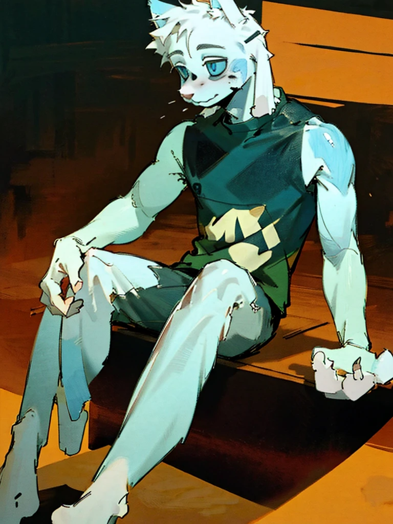 Smooth, Blue skin, Cat ears, Boys, man, sitting, Gym,, (masterpiece,detailed,High resolution),