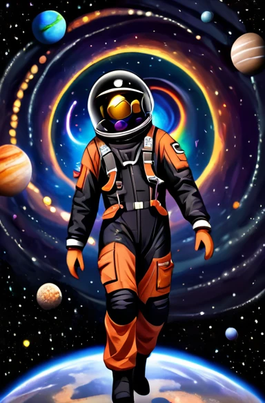 "A young human man, light brown skin, with a third eye in the middle of the forehead, dressed in a black astronaut suit and helmet, full body is floating in outer space. Around, there are planets of different sizes and colors, bright stars and several spiral galaxies on dark space background.