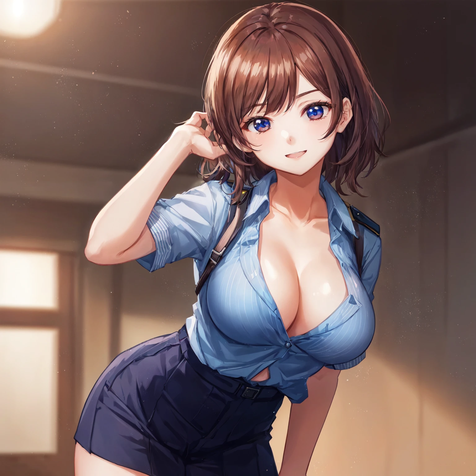 朝,police station,wink,japanese policewoman,タイトスカート,Cowboy Shot,フォトリアル1;4,shoulder length brown hair,{high quality bra}}, {{beautiful large/medium size breasts 1:4}},{{schoolgirl}},top quality,cute girl,high quality background, slanted eyes, detailed shirt chest wrinkles,BREAK, {{beautiful blue eye1:4}}, BREAK, five fingers