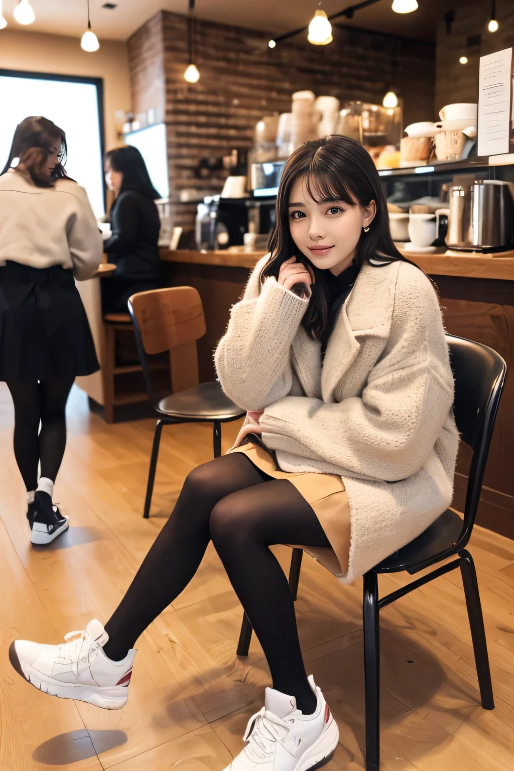 high quality,16K:1.1),(, women sitting on chairs in a coffee shop)(Full Body Shot:1.2),Black Hair、ear piercing、smile、Beautiful teeth alignment、((coat、sweater、Knee-length skirt、tights、sneakers)), ,(View your audience:1.3),Coffee shop in the background