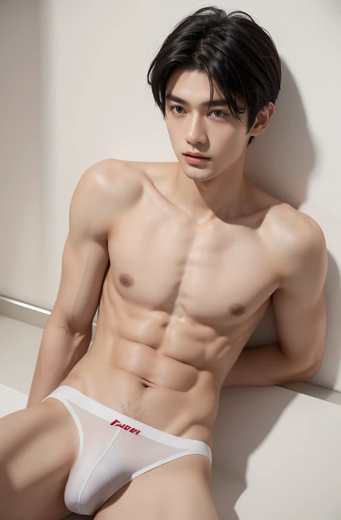 18-year-old boy, Completely naked ,Smooth skin and black hair,   Thin、Beautiful Boy、Japanese、Dark Eyes、whole body、White underwear