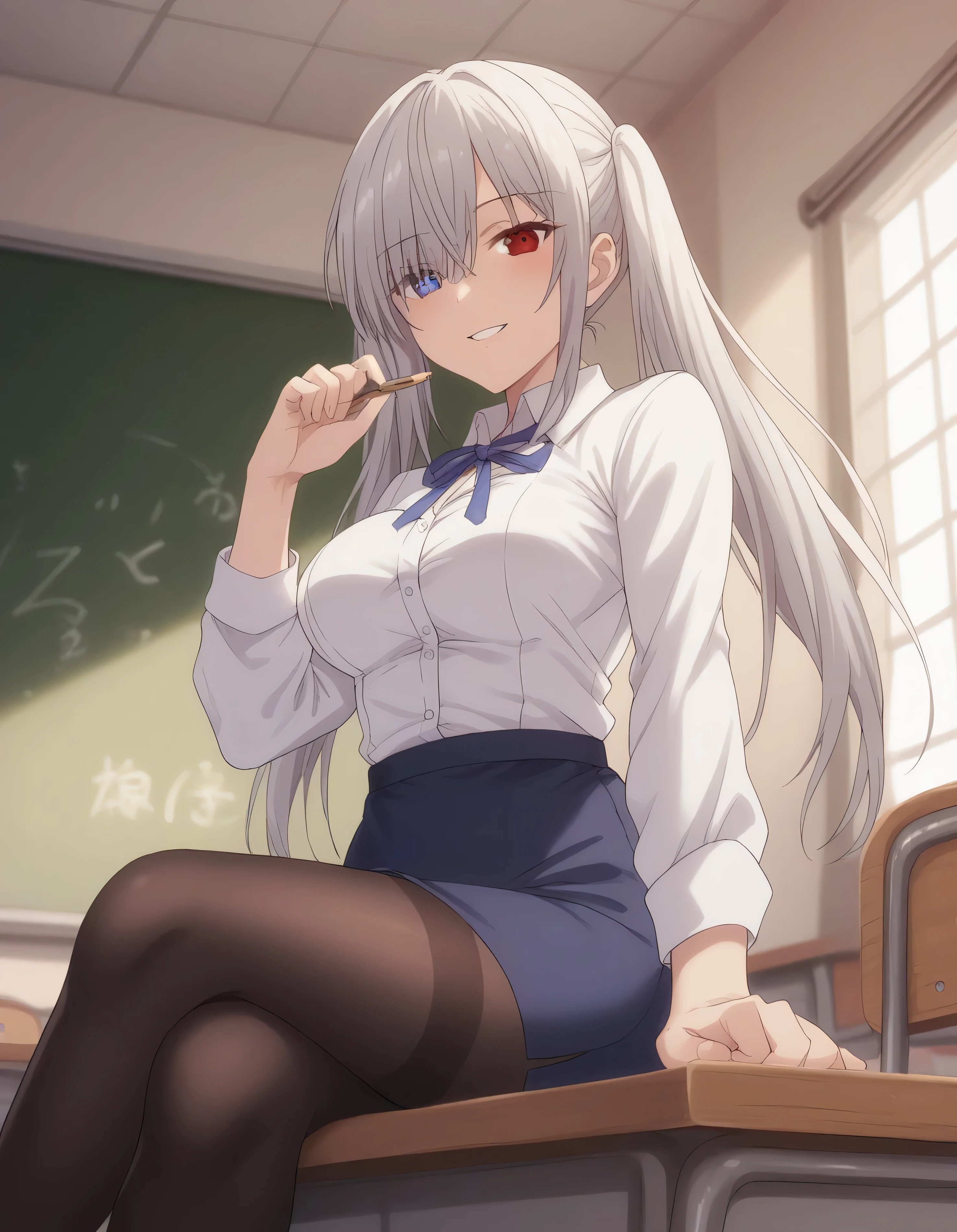 1girl, solo, long hair, breasts, looking at viewer, blush, smile, bangs, skirt, large breasts, shirt, heterochromia, red eyes, blue eyes, long sleeves, ribbon, twintails, medium breasts, sitting, white shirt, white hair, pantyhose, parted lips, day, collared shirt, indoors, hand up, black skirt, hair over one eye, grin, blue skirt, black pantyhose, window, dress shirt, neck ribbon, low twintails, from below, crossed legs, blue ribbon, desk, pencil skirt, thighband pantyhose, classroom, chalkboard, on desk, sitting on desk