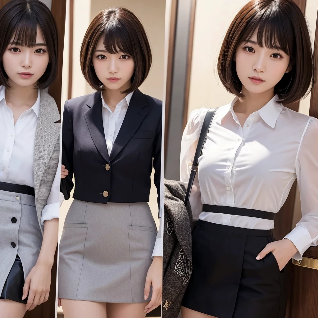 最high quality, high quality,超high quality, 8K Portrait , Highly detailed face,Japanese women,20-year-old,president ,elected ,short hair, See-through bangs,Black ladies suits,flare skirt,Cowboy Shot,president室