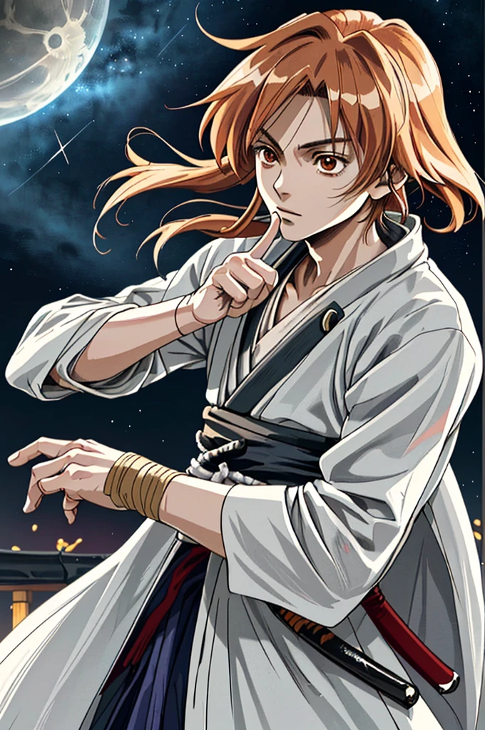 high quality，High resolution，((chee々Yushin_Rurouni Kenshin)) ，One person，（knife），（white_coat），bandage，mummy，male，One personで，Middle Age，（Rurouni Kenshin），strongest，Anime Style，（Night Sky_background），(Limbs)，(Full Finger)，(Accurate fingertips), (The finer details), (Super detailed)，4K，(high resolution)，whole body, (Front angle), Looking at the camera,masterpiece，(Subtle details)，(Intricate details)，Octane Rendering，(Hyper Detail)，