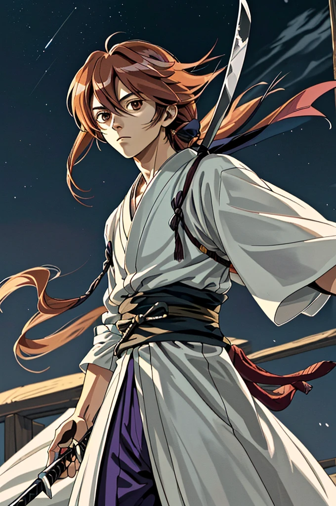 high quality,High resolution,((chee々Yushin_Rurouni Kenshin)) ,One person,(knife),(white_coat),bandage,mummy,male,One personで,Middle Age,(Rurouni Kenshin),strongest,Anime Style,(Night Sky_background),(Limbs),(Full Finger),(Accurate fingertips), (The finer details), (Super detailed),4K,(high resolution),whole body, (Front angle), Looking at the camera,masterpiece,(Subtle details),(Intricate details),Octane Rendering,(Hyper Detail),