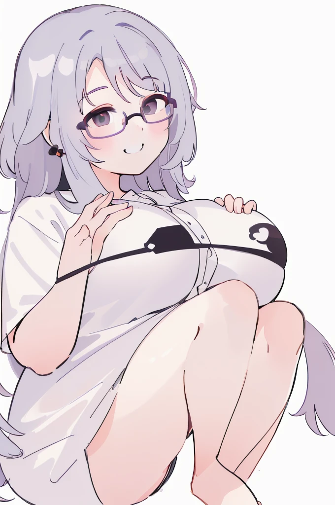 (bust:1.5),책 더미 위에 앉아 있는 big bust을 가진 애니메이션 캐릭터, Tsk tsk, , She has a jiggly, fat, round belly, brother, Ahegao, Kantai Collection Style, Fat Chan, thick black lineart, Shikamimi, cel shaded animation, brother proportions, big tummy, umamusume,(big bust:1.5), (Black eyes with a slight purple tint:1.5), (Very white and long hair with a bluish tint, weak perm:1.5), (oversized white shirt:1.5), (bare foot, round-rimmed glasses:1.5), (Belly Fat, muffin top, plump:1.1), (smiling faintly:1.5),(human ear,thin legs:1.5),
