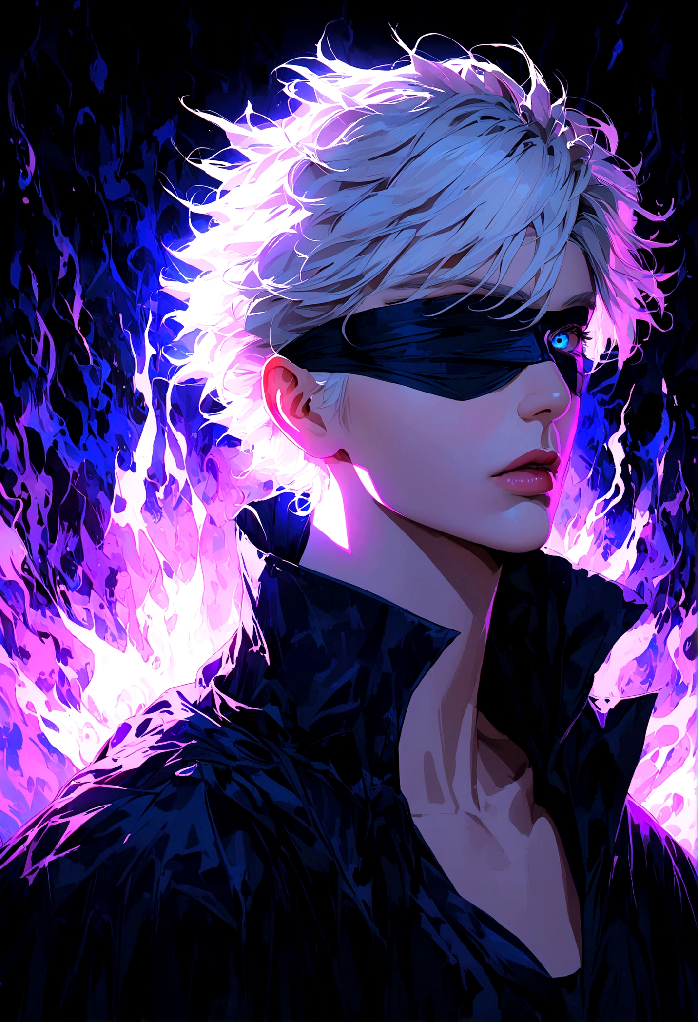 a mysterious and powerful sorcerer, extremely detailed eyes and face, long eyelashes, white hair, blue eyes, , elegant posture, powerful aura, hyper-realistic, 8k, photorealistic, cinematic lighting, dramatic composition, vibrant colors, digital painting, studio lighting, highly detailed, intricate background, dark fantasy, anime style, short Hair, blind fold over face, gojo satoru