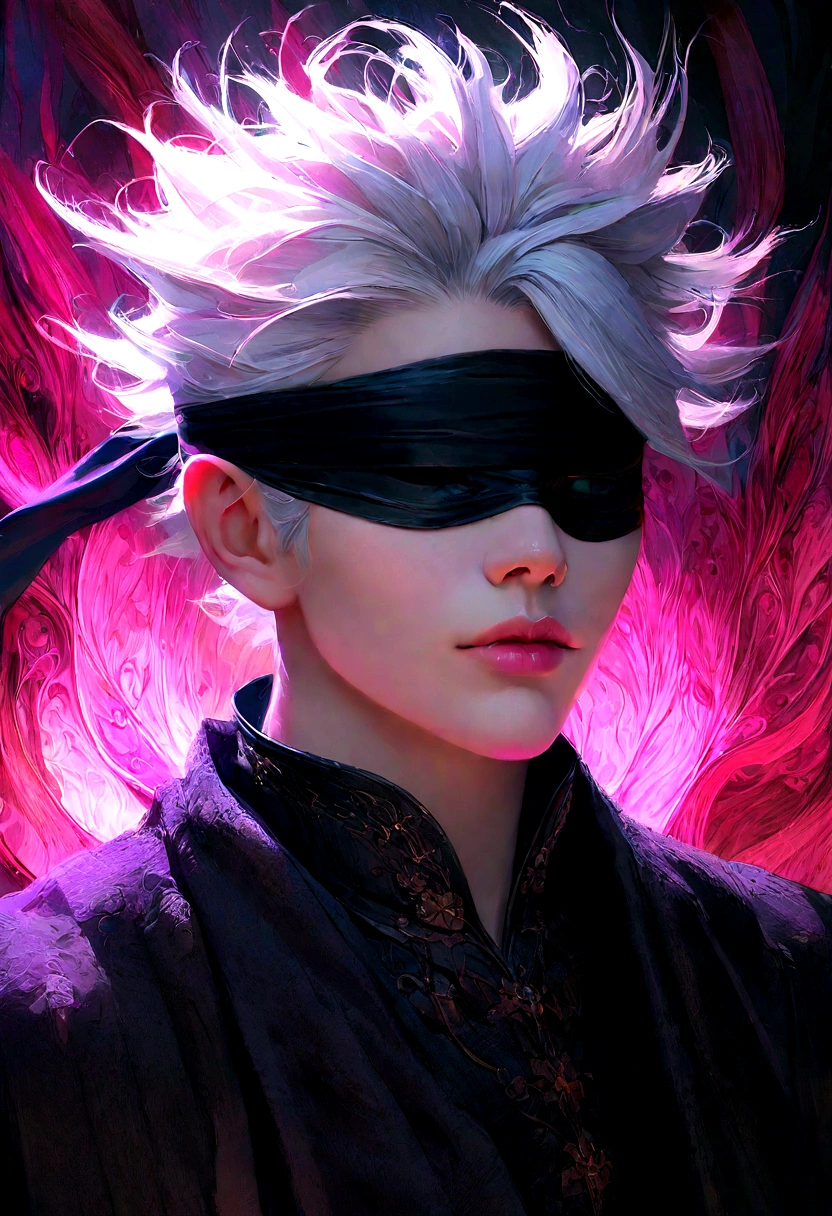 a mysterious and powerful sorcerer, extremely detailed eyes and face, long eyelashes, white hair, blue eyes, , elegant posture, powerful aura, hyper-realistic, 8k, photorealistic, cinematic lighting, dramatic composition, vibrant colors, digital painting, studio lighting, highly detailed, intricate background, dark fantasy, anime style, short Hair, blind fold over face, gojo satoru