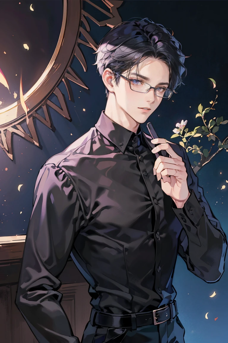 (masterpiece), best quality, seductive eyes, mature but handsome face, handsome man, purple eyes, middle part haircut, short length black hair, black shirt, black pants, close up view, broad shoulders, anime cover, 1boy, masculine, glasses