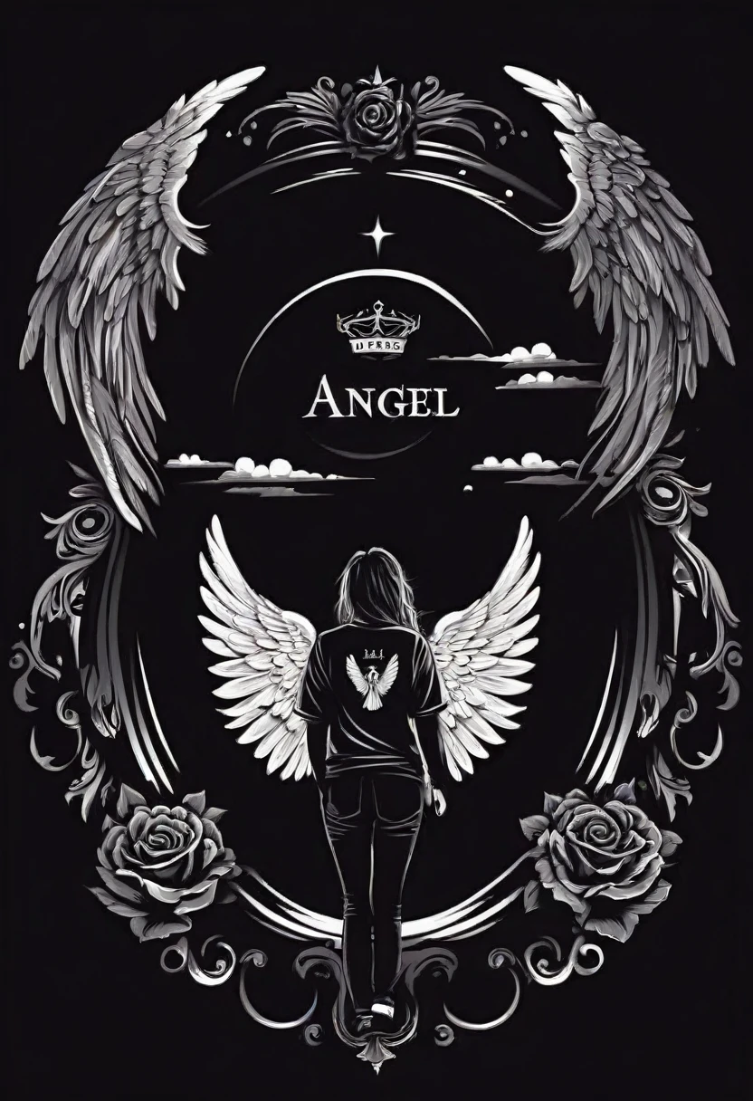A black street wear style shirt with all the details made in white and with these angels and a logo with the letters AT and the name aether written in small letters.