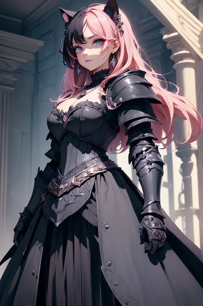 {{{official art}}}, {{solo}}, {Adult}hair strand}, {{medium breasts}}, {cleavage}, {hair ornament}, necklace, earrings, two toned hair, pink hair (top half), black hair (bottom half) , cat girls, knights armors cat girl, blue eyes, armor (sexy body),((Detailed dark fantasy armor dress:1.5)),((intricate detailes,detailed dress)), (Beautiful dress in every detail),
