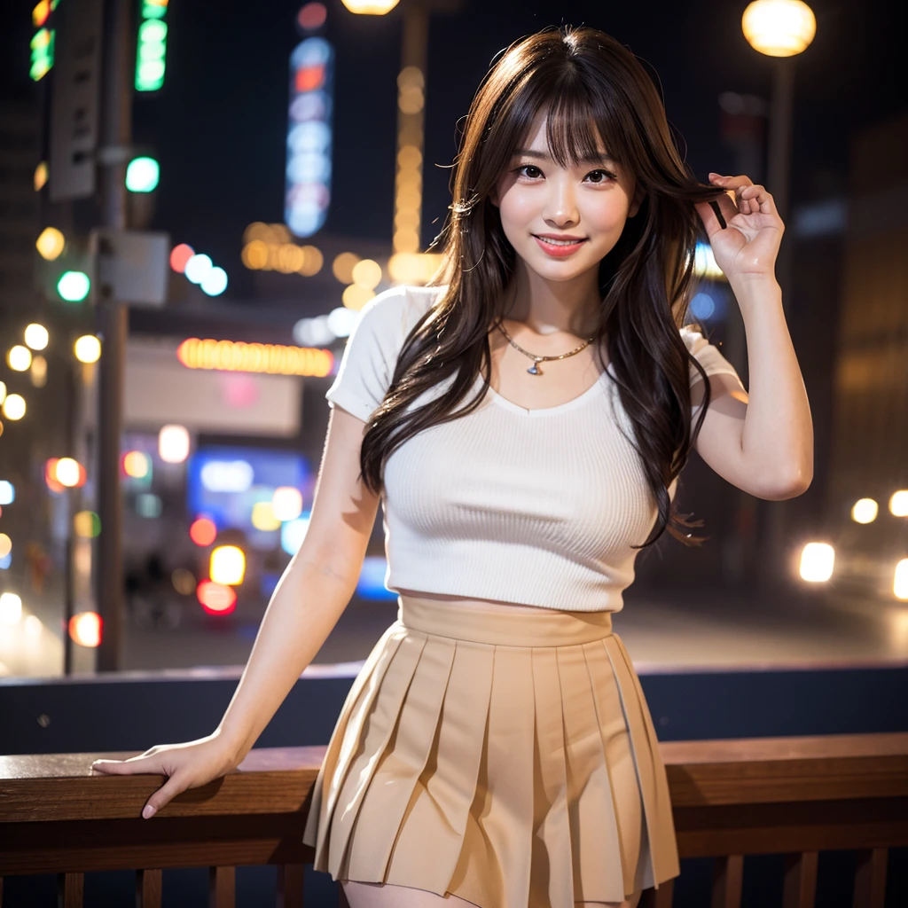 Highest quality,a girl, one girl,solo focus,raw photo,bloom,4K,8K,Realistic,full body,Japanese women,一人のJapanese women,28 years old,Clear,kind,Beautiful eyes,smile,nice style,smile,teeth,Long brown hair,Large Breasts,healthy,positive,Very detailed,Pleated skirt,necklace,The background is illumination,night