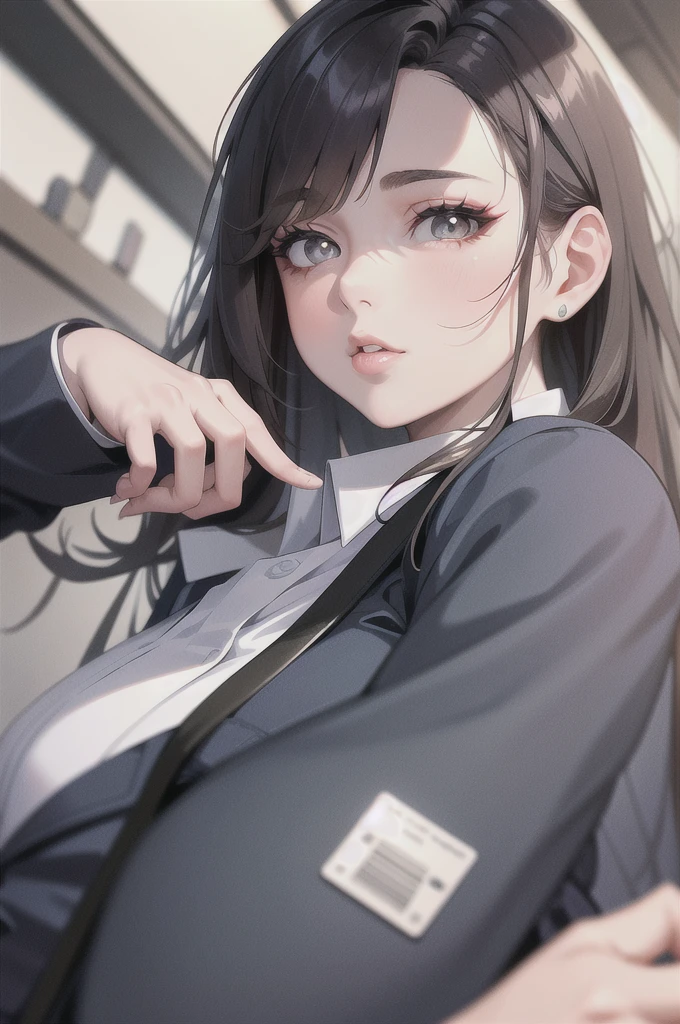 masterpiece, super realistic, sharp focus, super detail, absurd, high resolution, dynamic lighting, 50mm portrait, night, city, neon, 1 girl, solo, cute, delicate face, 2 button blazer jacket, dark grey skirt, white shirt, black long hair, green eyes