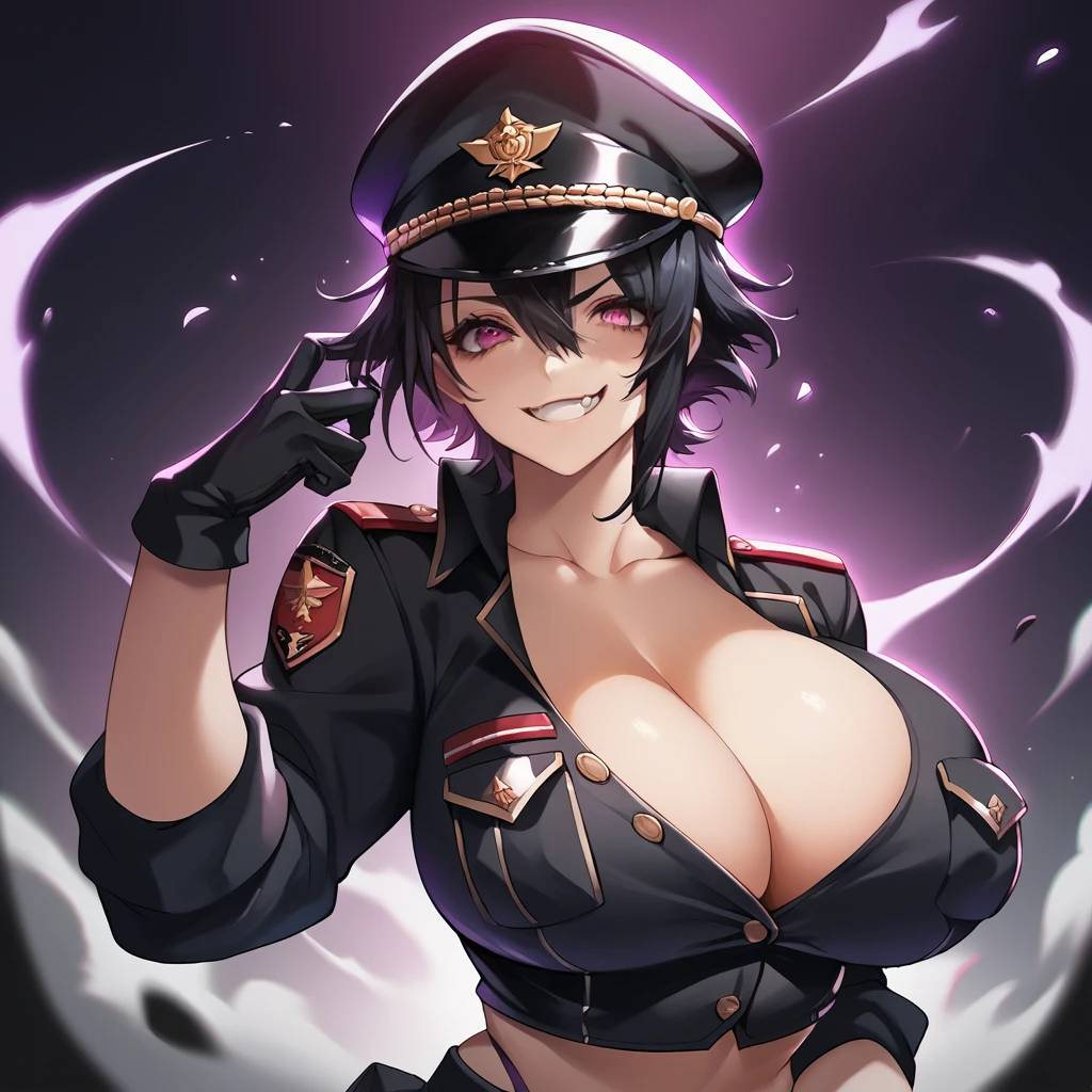 score_9, score_8_up, score_7_up, score_6_up, score_5_up, score_4_up, (source_anime),   1girl, huge breasts, looking at viewer, smile, fang, black clothes, short hair, shirt, midriff, skirt, thong, black hair, gloves, hat, cleavage, hair between eyes, collarbone,  black gloves, pink eyes, grin, uniform, black shirt, black headwear, peaked cap, pocket, military hat, breast pocket, partially unbuttoned, hat tip, hat over one eye, indoors, military, military base, upper body, purple theme,