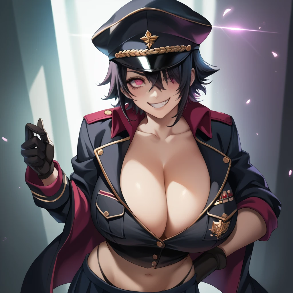 score_9, score_8_up, score_7_up, score_6_up, score_5_up, score_4_up, (source_anime),   1girl, huge breasts, looking at viewer, smile, fang, black clothes, short hair, shirt, midriff, skirt, thong, black hair, gloves, hat, cleavage, hair between eyes, collarbone,  black gloves, pink eyes, grin, uniform, black shirt, black headwear, peaked cap, pocket, military hat, breast pocket, partially unbuttoned, hat tip, hat over one eye, indoors, military, military base, upper body, purple theme,