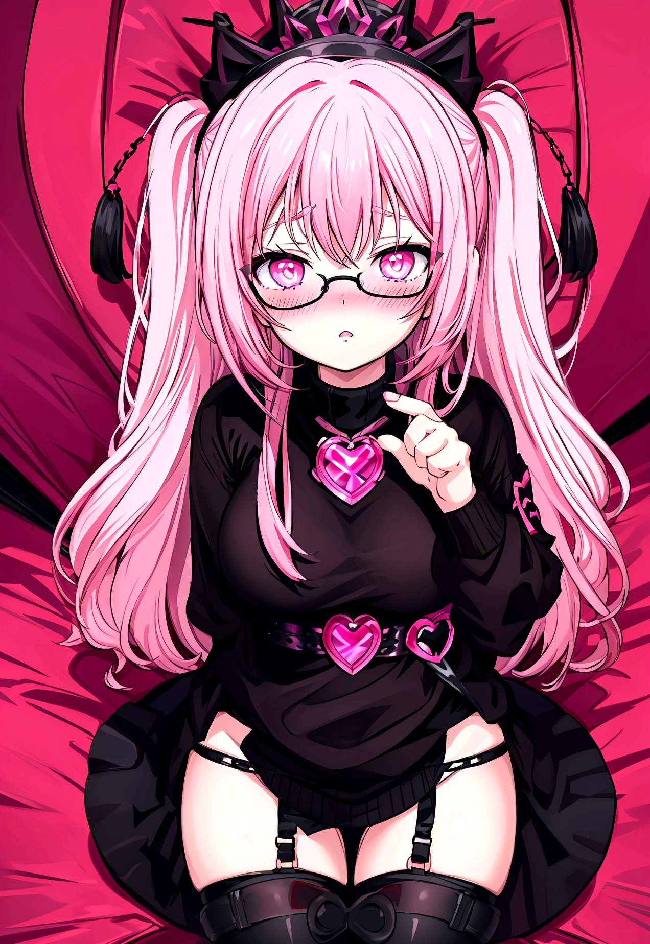 pink hair black glasses pink eyes extremely blushing a large pink sweater short black skirt at the waist chains black stockings that she is a reserved girl her bed that she is on her knees touching her butt