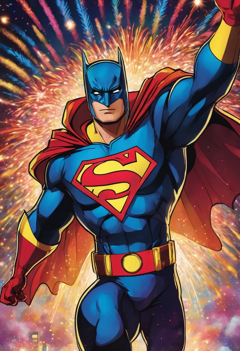 A superhero dressed in a dark suit adorned with vibrant fireworks patterns. They stand in the midst of a night sky filled with exploding fireworks, casting colorful lights across the scene. Their hands are raised, controlling the bursts of color, with a look of determination and celebration