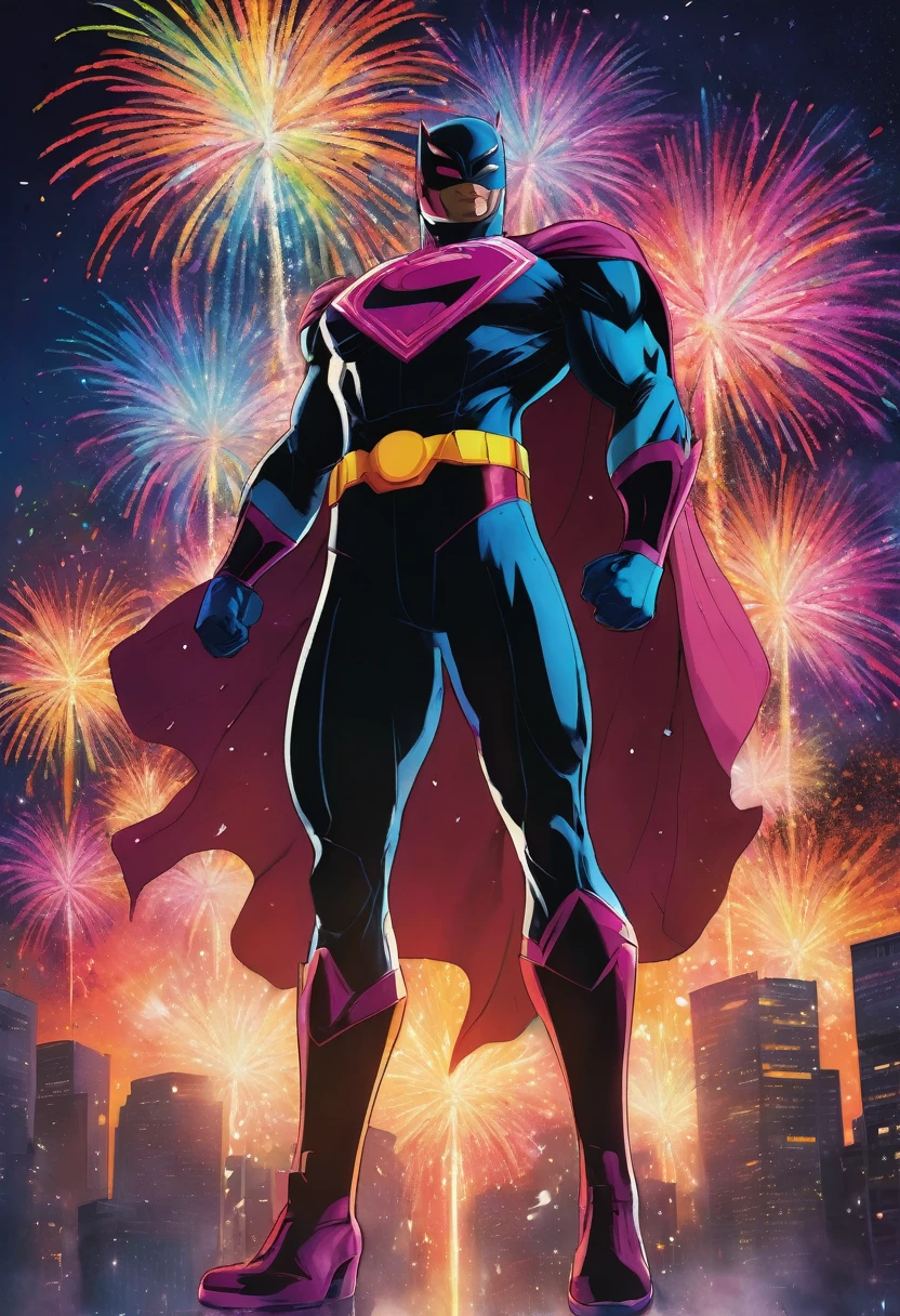 A superhero dressed in a dark suit adorned with vibrant fireworks patterns. They stand in the midst of a night sky filled with exploding fireworks, casting colorful lights across the scene. Their hands are raised, controlling the bursts of color, with a look of determination and celebration
