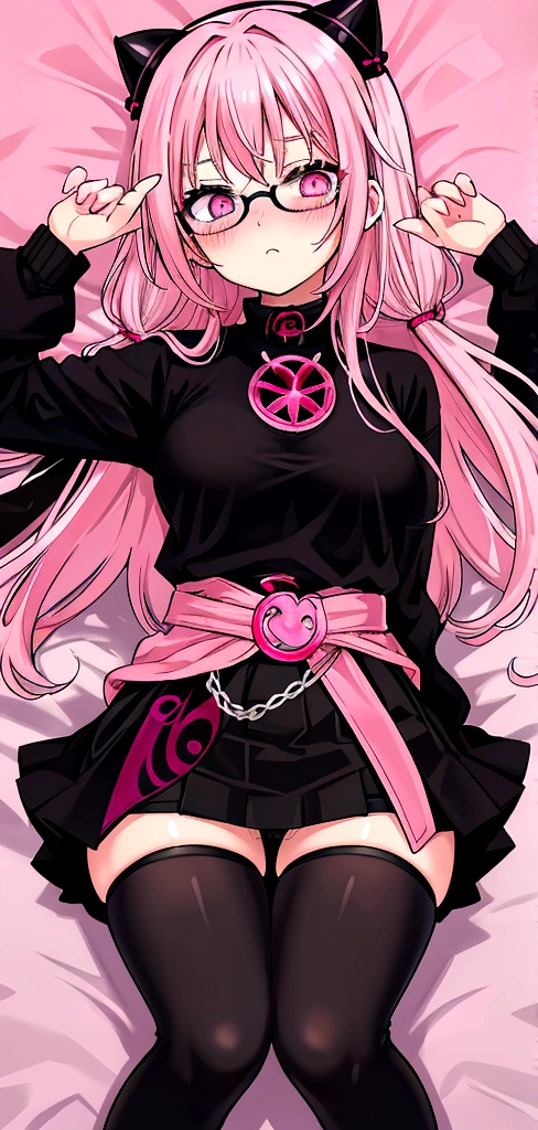 pink hair black glasses pink eyes extremely blushing a large pink sweater short black skirt at the waist chains black stockings that she is a reserved girl her bed that she is on her knees touching her butt