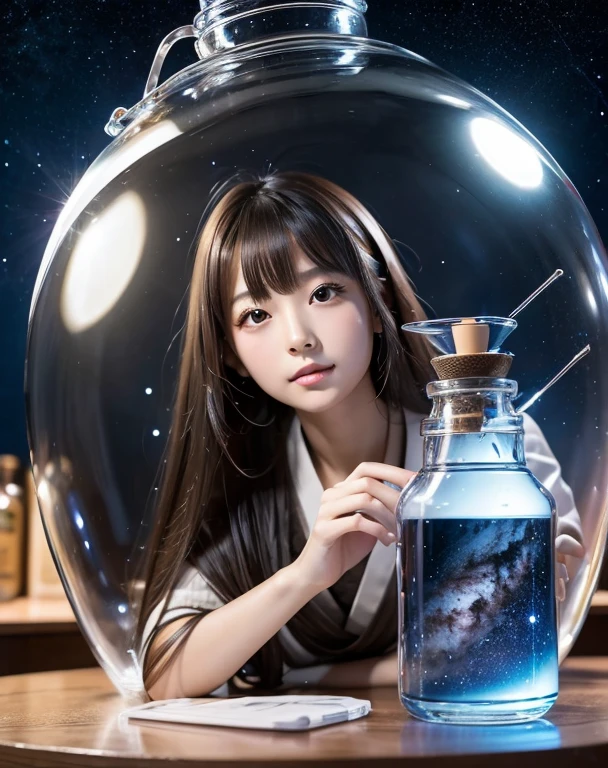(8K),(masterpiece),(Japanese),Clear transparent bottle、Space ship in a bottle,A beautiful Milky Way in a bottle,Cute Woman,１７age、Fantastic、Fantasy、mysterious