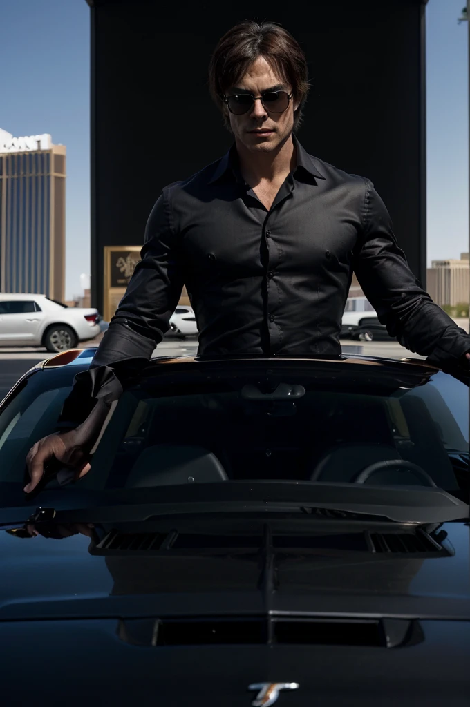 "Damon Salvatore, exuding the aura of a charismatic mafia gangster, stands beside his sleek black Mustang GT parked in front of a luxurious Las Vegas hotel. Dressed in a fitted black silk dress shirt that accentuates his muscular frame, he wears stylish shades that add an air of mystery to his intense gaze. Damon's expression is composed yet smoldering with a hint of danger as he prepares to get into his car. The bright sunlight casts a golden hue on his chiseled features and highlights the sheen of his dark hair. Behind him, the glamorous facade of the hotel and the bustling Las Vegas strip evoke a sense of opulence and intrigue, reflecting Damon's stature and presence in the underworld."






