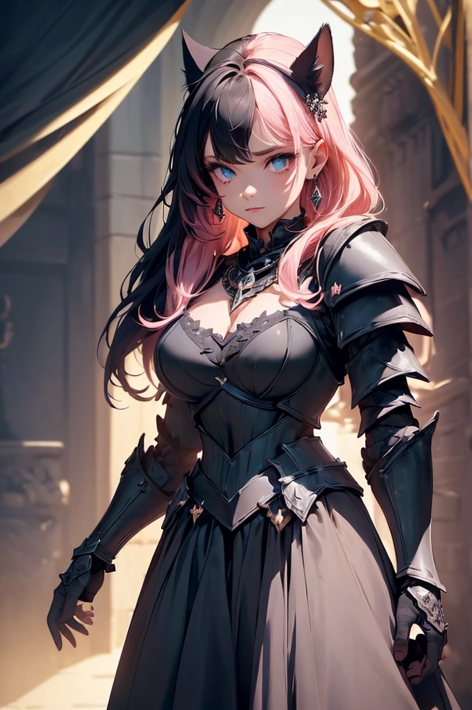 {{{official art}}}, {{solo}}, {Adult}hair strand}, {{medium breasts}}, {cleavage}, {hair ornament}, necklace, earrings, two toned hair, pink hair (top half), black hair (bottom half) , cat girls, knights armors  cat girl, blue eyes, armor (sexy body),((Detailed dark fantasy armor dress:1.5)),((intricate detailes,detailed dress)), (Beautiful dress in every detail),