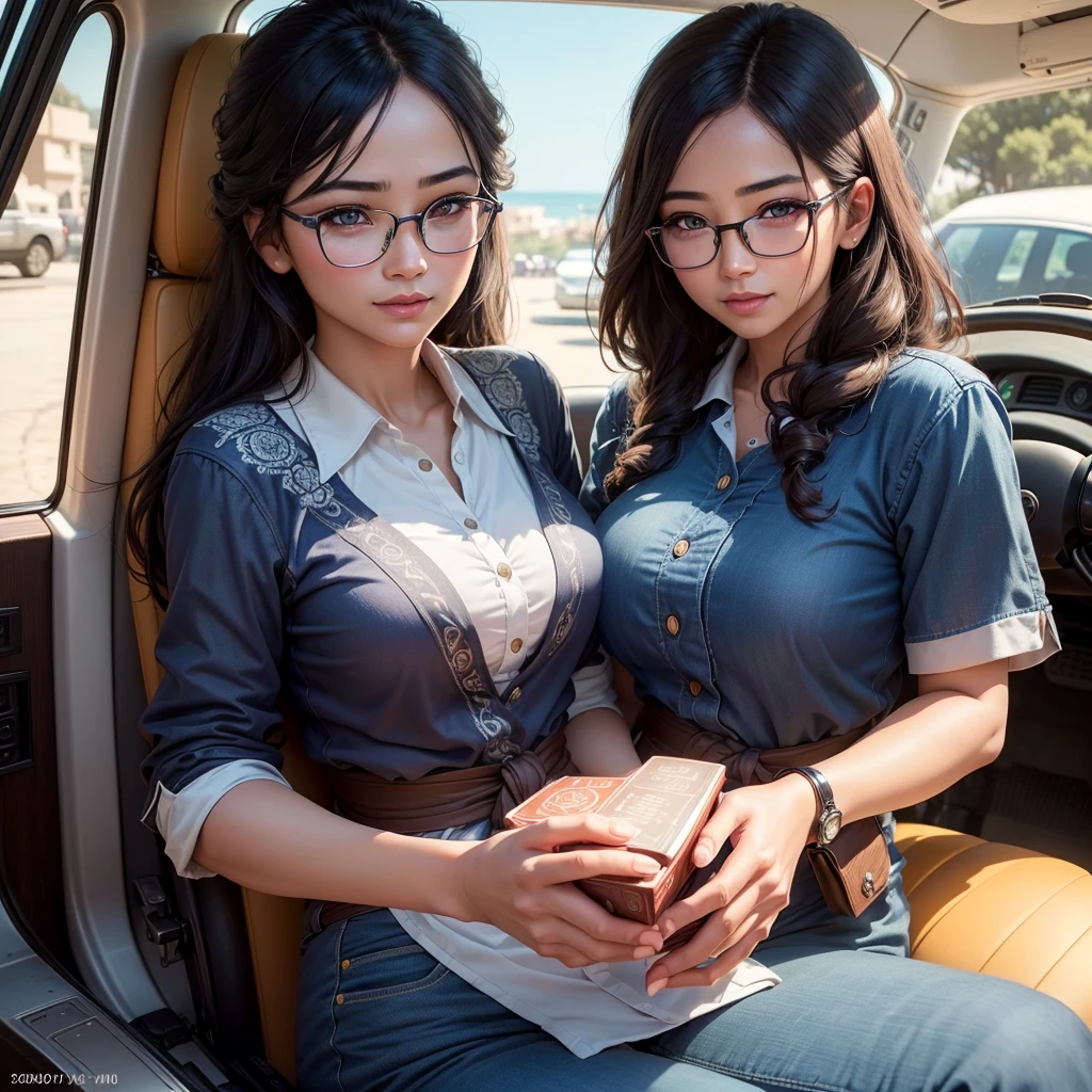 1girl,Thai woman,round face,glasses,hotel uniform,blue pants,driving hotel buggy,6 Arab women,beautiful,seated on buggy,seaview,background,friendship,happy,smiling,sitting together,vacation,hotel,golf cart,(best quality,4k,8k,highres,masterpiece:1.2),ultra-detailed,(realistic,photorealistic,photo-realistic:1.37),extremely detailed eyes and face,longeyelashes,highly detailed,intricate details,cinematic lighting,vibrant colors,warm tones