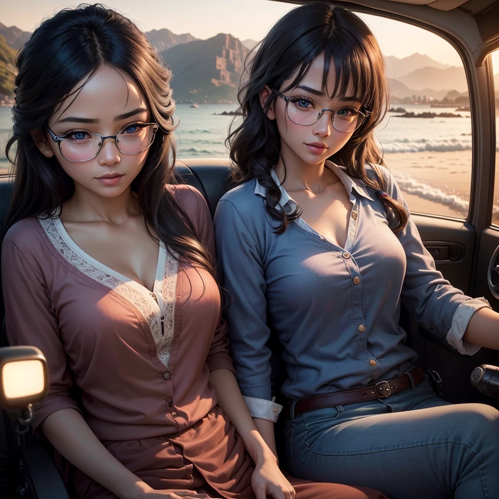 1girl,Thai woman,round face,glasses,hotel uniform,blue pants,driving hotel buggy,6 Arab women,beautiful,seated on buggy,seaview,background,friendship,happy,smiling,sitting together,vacation,hotel,golf cart,(best quality,4k,8k,highres,masterpiece:1.2),ultra-detailed,(realistic,photorealistic,photo-realistic:1.37),extremely detailed eyes and face,longeyelashes,highly detailed,intricate details,cinematic lighting,vibrant colors,warm tones