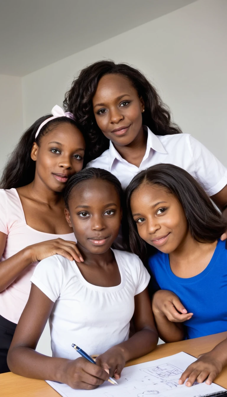 3 filles noirs de 10 ans et 3 garçon qui travail en classe