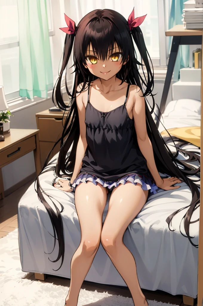 1girl, aster nemesis, dark-skinned female, black hair, very long hair, yellow eyes, flat chest , twin tails, looking at viewer, , smile,,my room,,nsfw,,***,camisole