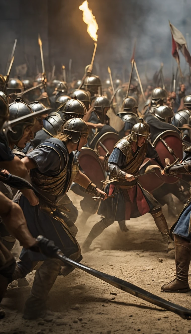 An intense moment capturing the pivotal turning point of the battle, with the Greeks rallying against the Persian onslaught, background dark, hyper realistic, ultra detailed hyper realistic, photorealistic, Studio Lighting, reflections, dynamic pose, Cinematic, Color Grading, Photography, Shot on 50mm lens, Ultra-Wide Angle, Depth of Field, hyper-detailed, beautifully color, 8k, golden light from the front,