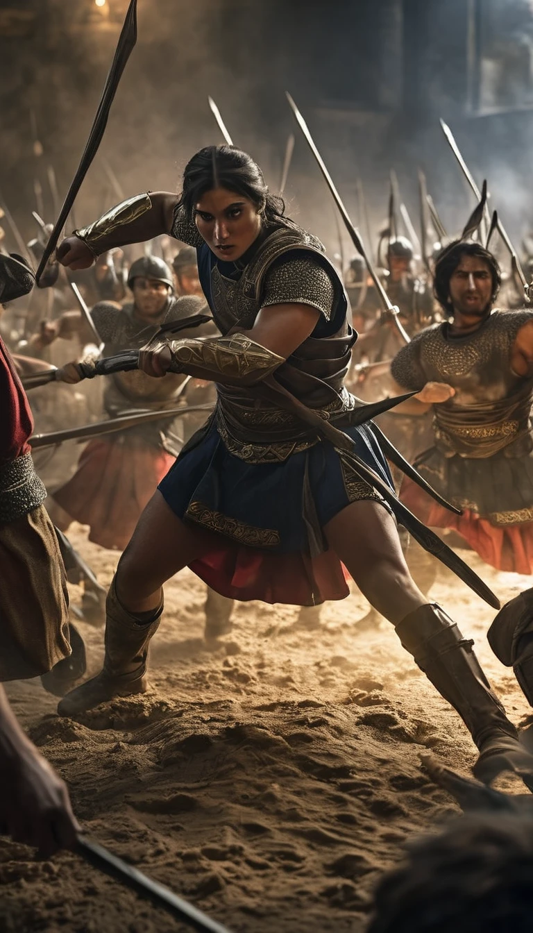 An intense moment capturing the pivotal turning point of the battle, with the Greeks rallying against the Persian onslaught, background dark, hyper realistic, ultra detailed hyper realistic, photorealistic, Studio Lighting, reflections, dynamic pose, Cinematic, Color Grading, Photography, Shot on 50mm lens, Ultra-Wide Angle, Depth of Field, hyper-detailed, beautifully color, 8k, golden light from the front,