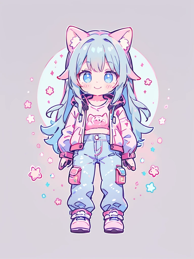 ((Highest quality,masterpiece,Extremely complex and exquisite details,A short girl with gray and blue cat ears and long hair is in the center,Gray blue super long straight hair,Curly hair at the ends,Sparse air bangs,Gray and pink T-shirt,Denim hooded cropped jacket,Black and gray long cargo pants)),(pink and white sneakers,Smile slightly,Waved,Surrounded by tons of cute short-legged cats,Correct anatomy),Super Q super cute short full body portrait,Starry sky background vertical painting space scene