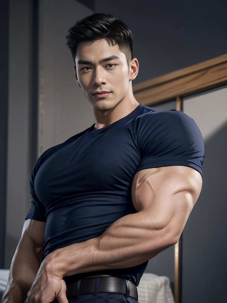 (Create a masterpiece: 1.2),(CGI art:1.3),(realistic:1.5),(After processing:1.3), (Sharp focus:1.3), 1 man, open mouth, smile, (Navy blue round neck shirt:1.3), Navy cargo pants, Korean guy , korean men, (High gloss details), chest muscles, large arm muscles, blood vessel, Big muscles, Broad shoulders, looking at the audience, Balancing the eyes, bedroom