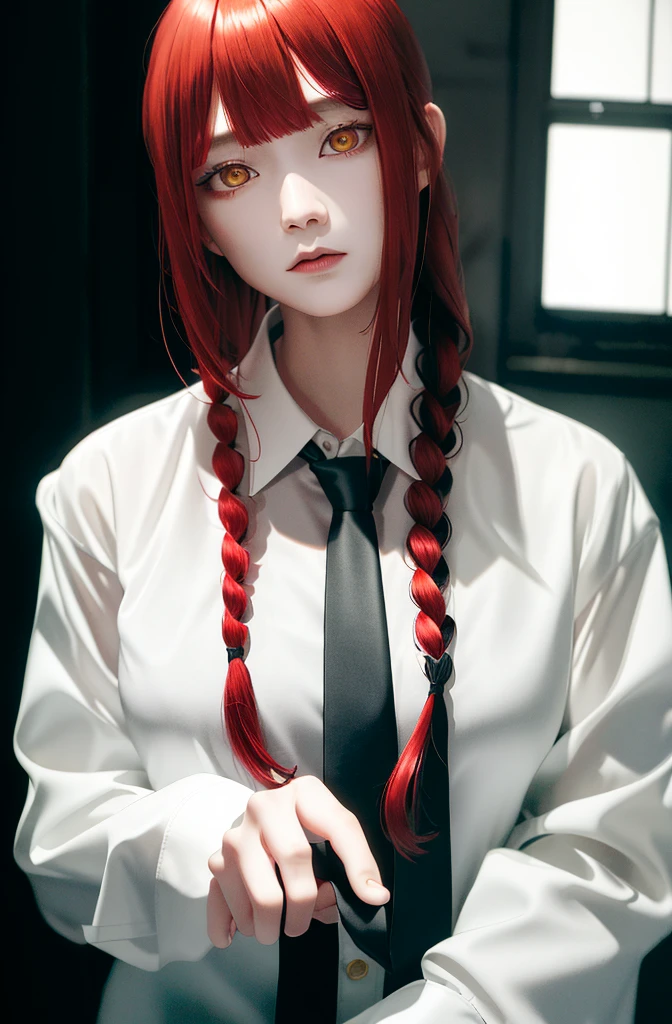masterpiece, (photorealestic:1.4), best quality, beautiful lighting,
(ulzzang-6500:0.5), hands \(Chainsaw Man\), (Red hair)+(long braided hair)+(bangs), yellow eyes, gold eyes, ((ringed eyes)), (White shirt), (necktie),
RAW-Foto, 8K UHD, film grain,black leather suit