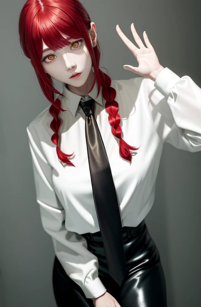 masterpiece, (photorealestic:1.4), best quality, beautiful lighting,
(ulzzang-6500:0.5), hands \(Chainsaw Man\), (Red hair)+(long braided hair)+(bangs), yellow eyes, gold eyes, ((ringed eyes)), (White shirt), (necktie),
RAW-Foto, 8K UHD, film grain,black leather suit