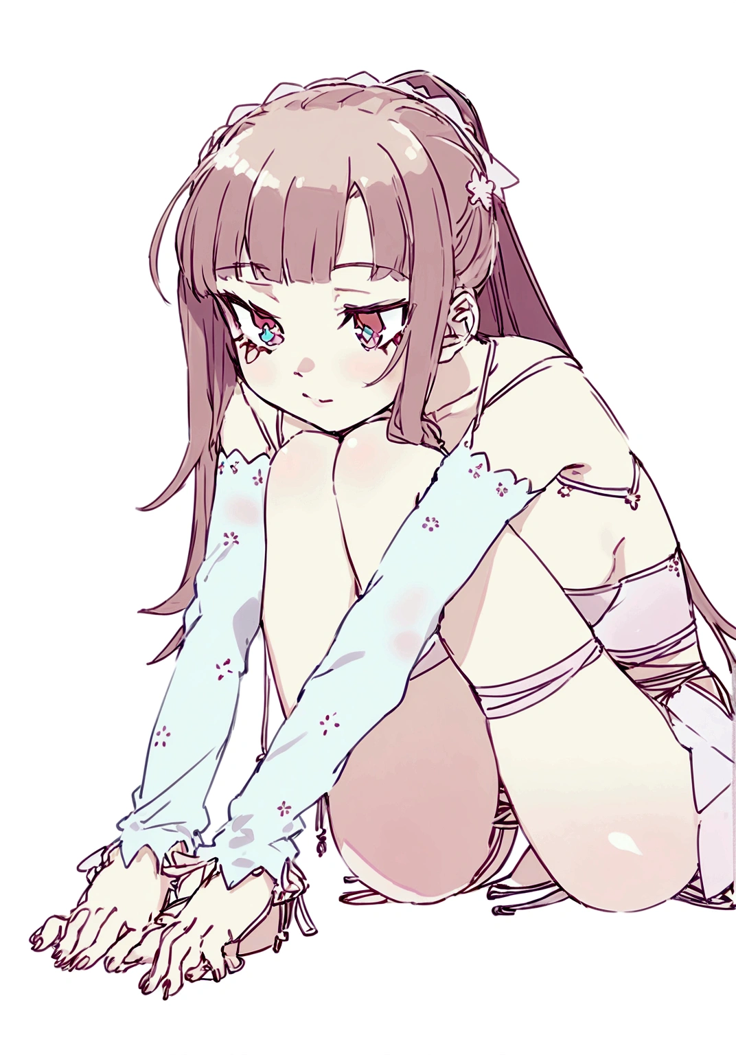 light yellow hair, loose, curly ends, blue eyes, age girl, white long sleeves, white miniskirt with pink elements, cute room with soft toys in the background. small breasts, thin waist
the girl is visible in full height, she sits with her knees pressed to her, her hands rest on her bare feet