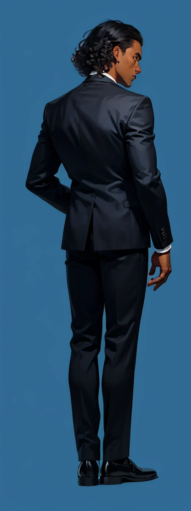 dark skin, A man stands with his back , black suit, curly hair