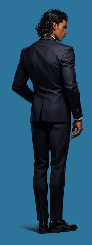 dark skin, A man stands with his back , black suit, curly hair