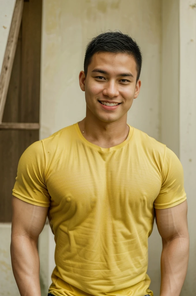 ((Highest quality, 8K, Masterpiece: 1.3))、Thailand Laos Burma Asia, Thai man, A handsome Asian rugby player with short hair, a muscular beard, and big muscles., 1A man who has、 yo、Good appearance、Beautiful nose、smile、 Detailed eyes and face、beautiful light、(studio)、high resolution、(Look at the viewer.)、Fine mouth、smile、whole body: 1.5, perfect shape: 1.3, Picture of both shoulders:1.3, Dark yellow round neck t-shirt:1.5