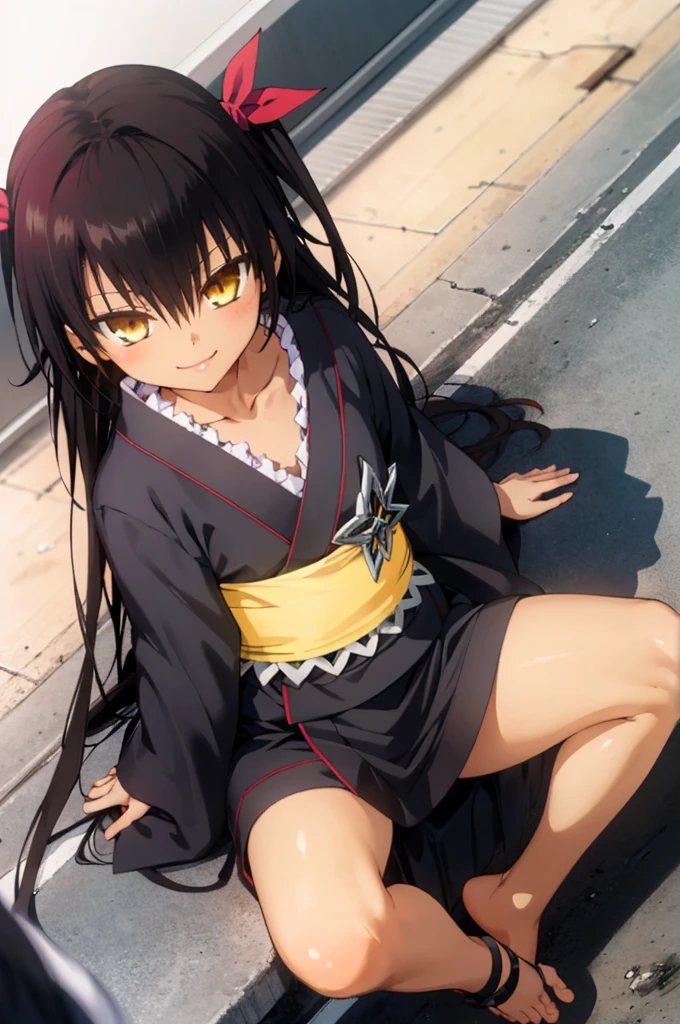 1girl, aster nemesis, dark-skinned female, black hair, very long hair, yellow eyes, flat chest kimono, obi, ribbon, twin tails, looking at viewer, outdoors, city, night, smile, ,sitting on ground,,(nsfw),,bare foot,from above