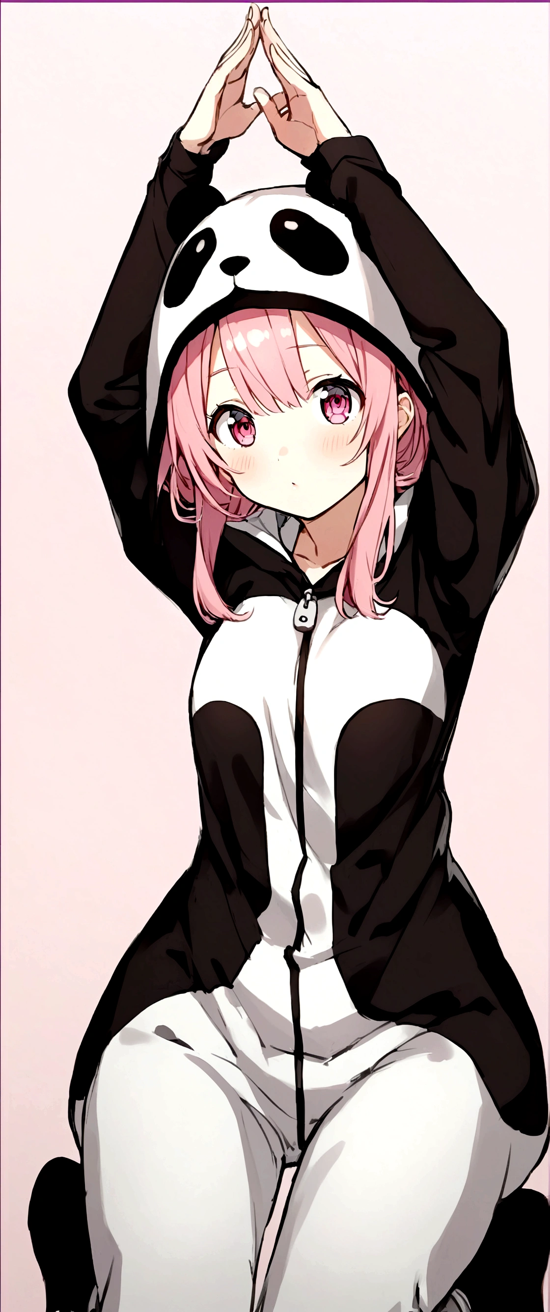 anime、Girl in a panda costume、Pink Hair、Pink Eyes、Cute pose