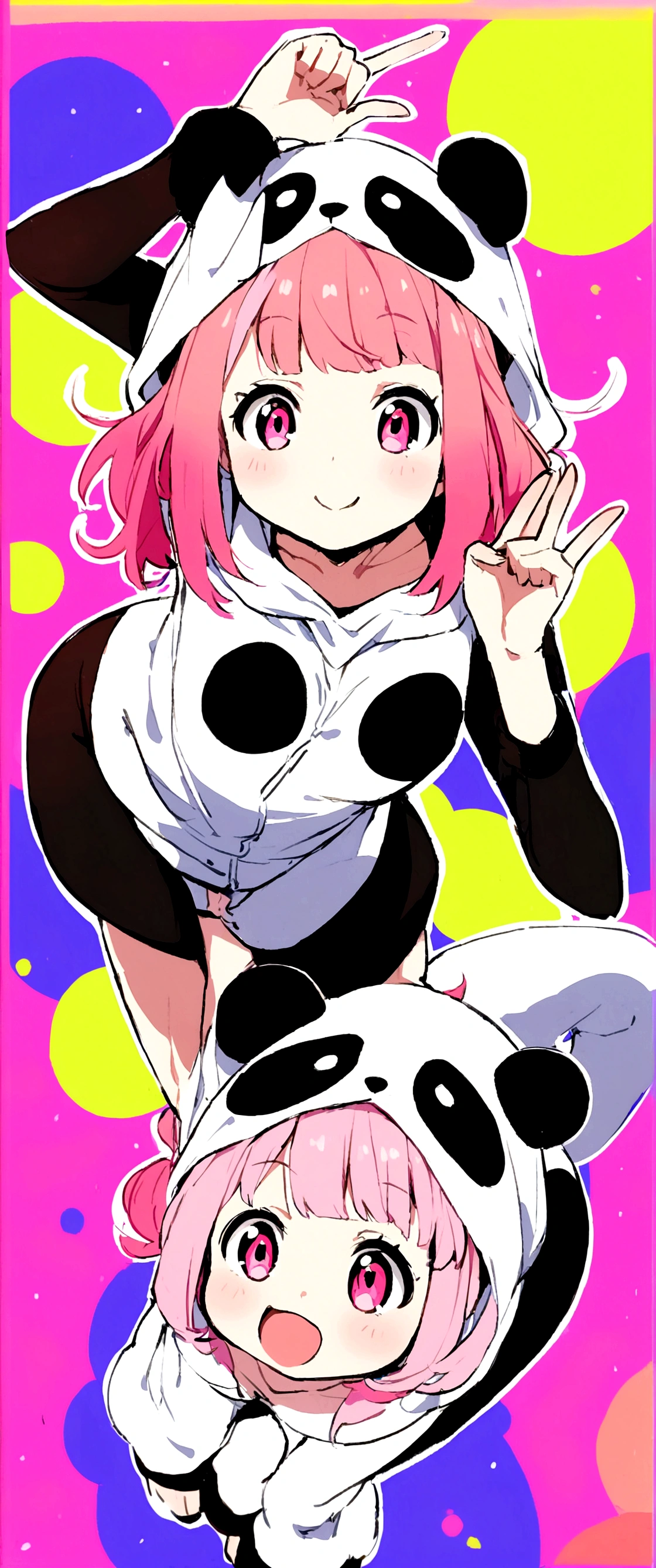 anime、Girl in a panda costume、Pink Hair、Pink Eyes、Cute pose