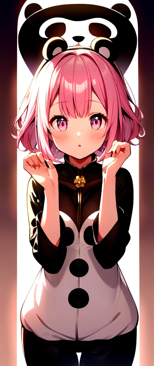 anime、Girl in a panda costume、Pink Hair、Pink Eyes、Cute pose