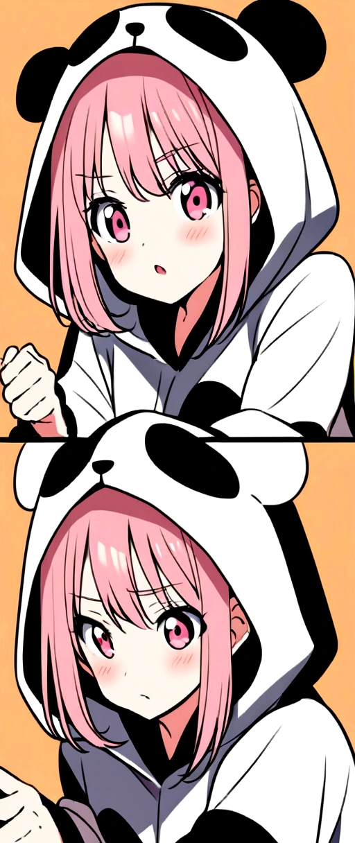anime、Girl in a panda costume、Pink Hair、Pink Eyes、Cute pose