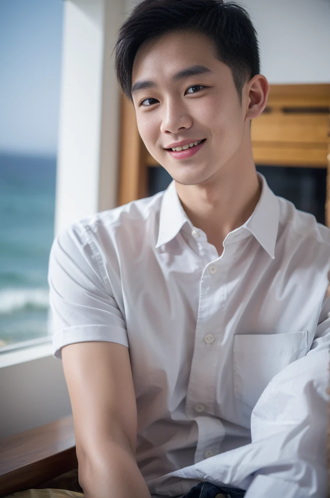 ((Highest quality, 8K, Masterpiece: 1.3))、Thailand Laos Burma Asia, Thai man, A handsome Asian rugby player with short hair, a muscular beard, and big muscles., １A man who has、 yo、Good appearance、Beautiful nose、smile、 Detailed eyes and face、beautiful light、(studio)、high resolution、（Look at the viewer.）、Fine mouth、smile、whole body: 1.5, perfect shape: 1.3, looking at camera ,Gray button-down shirt , bedroom sunlight looking at the sea