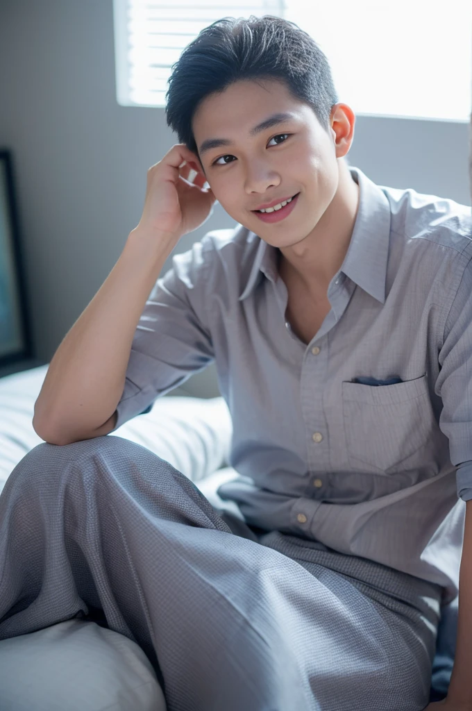 ((Highest quality, 8K, Masterpiece: 1.3))、Thailand Laos Burma Asia, Thai man, A handsome Asian rugby player with short hair, a muscular beard, and big muscles., 1A man who has、 yo、Good appearance、Beautiful nose、smile、 Detailed eyes and face、beautiful light、(studio)、high resolution、(Look at the viewer.)、Fine mouth、smile、whole body: 1.5, perfect shape: 1.3, looking at camera ,Gray button-down shirt , bedroom sunlight looking at the sea