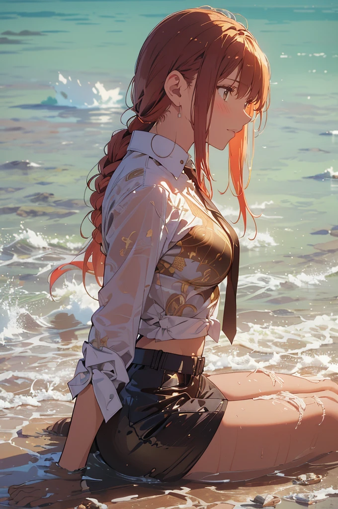 (masterpiece), (best quality), (ultra-detailed), (best illustration), (best shadow), (absurdres), Female, 25 years old, looking at viewer, steam, shy, nose blush, nsfw, medium breasts, nude, o-face, climax, light smile, makima \(chainsaw man\), (red hair), yellow eyes, golden eyes, light smile,