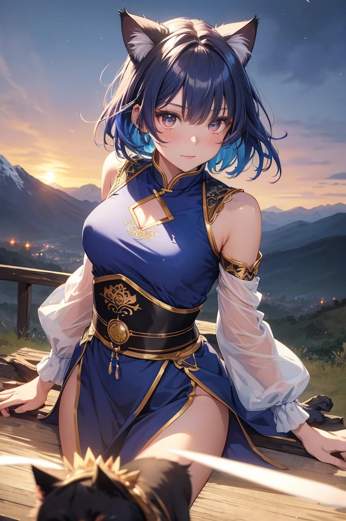 beautiful details한 소녀, clear and beautiful, glowing skin, female, no, young, 20 years, Short hair, Short hair, blue gradient hair, ((bright colors, mongolian costume)) beautiful details, warm face, beautiful and delicate eyes, middle 가슴, brown eyes, real skin texture, Very nice 8KCG wallpaper, Very cool 8K CG wallpaper, Watercolor (middle), female warrior, (((cat ears))), (((dark, dark Night, midnight))) (((nature background, mountain, wood))), ((outdoors)), upper body cut, Costume colors are colorful and saturated.., stiff expression, holding a knife. active pose, Dynamic behavior